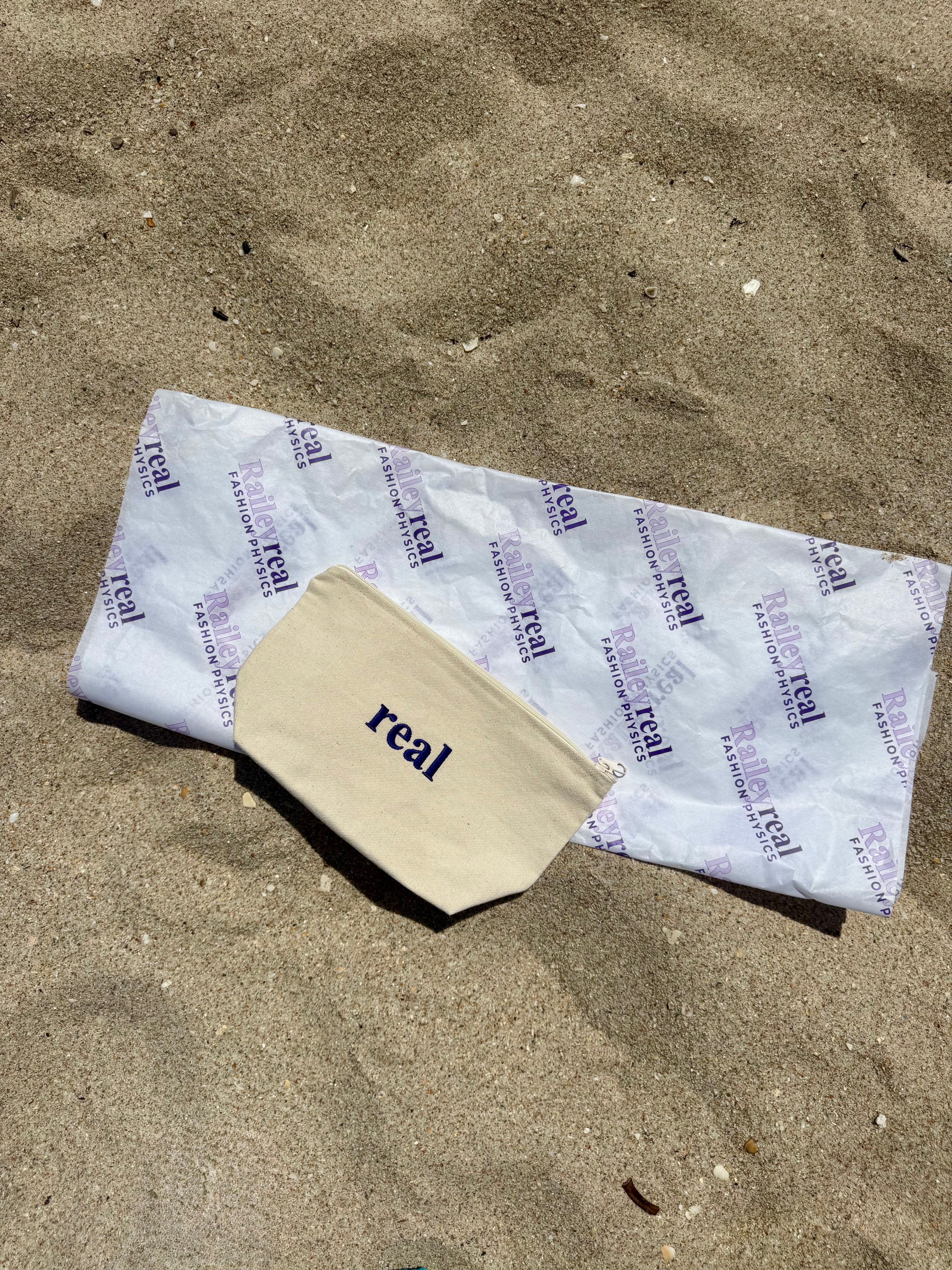 100% Organic Cotton Canvas Travel Pouch with purple "real" embroidery 